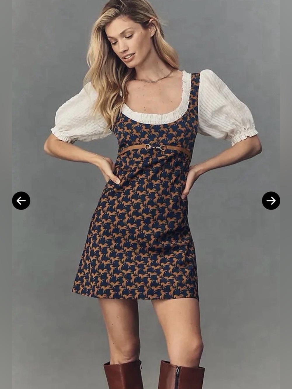 EUC size XS Anthropologie Maeve Puff Sleeve Twofer Mini Horse print dress